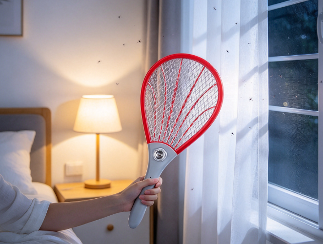 Real size portable electric mosquito killer used by window in clean bedroom at night without facial appearance.