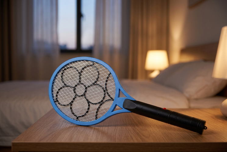 Blue Rechargeable Electric Mosquito Swatter with a black handle resting on a wooden bedside table beside a bed and warm lamps at dusk.